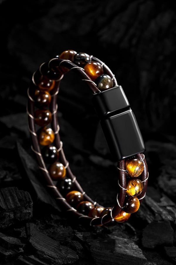 Osmanlı Gümüş Erkek Doğal Taş Bileklik - Kaplan Gözü Doğal Taş Boncuk Erkek Bileklik - Image 1