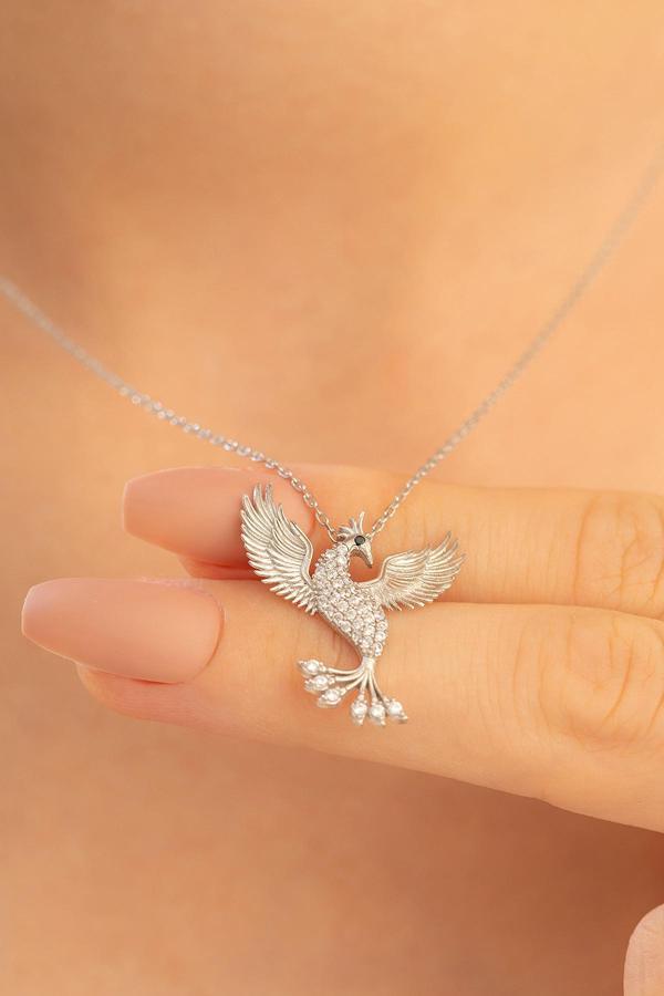 Osmanlı Gümüş Kadın Gümüş Kolye - Zirkon Taşlı Anka Kuşu Motifli Gümüş Kolye - Image 1