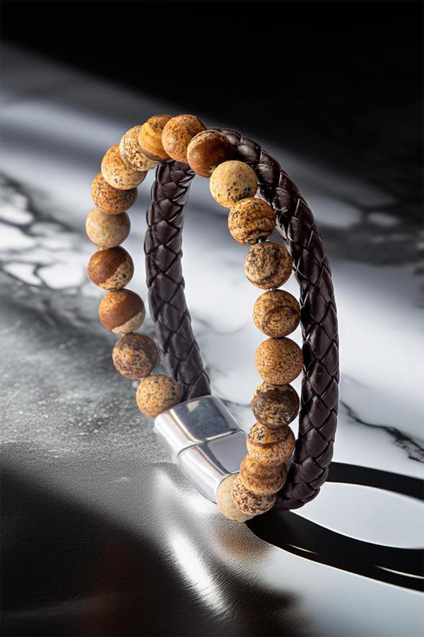 Osmanlı Gümüş Erkek Doğal Taş Bileklik - Deri Örgü Jasper Doğal Taş Erkek Künye - Image 1