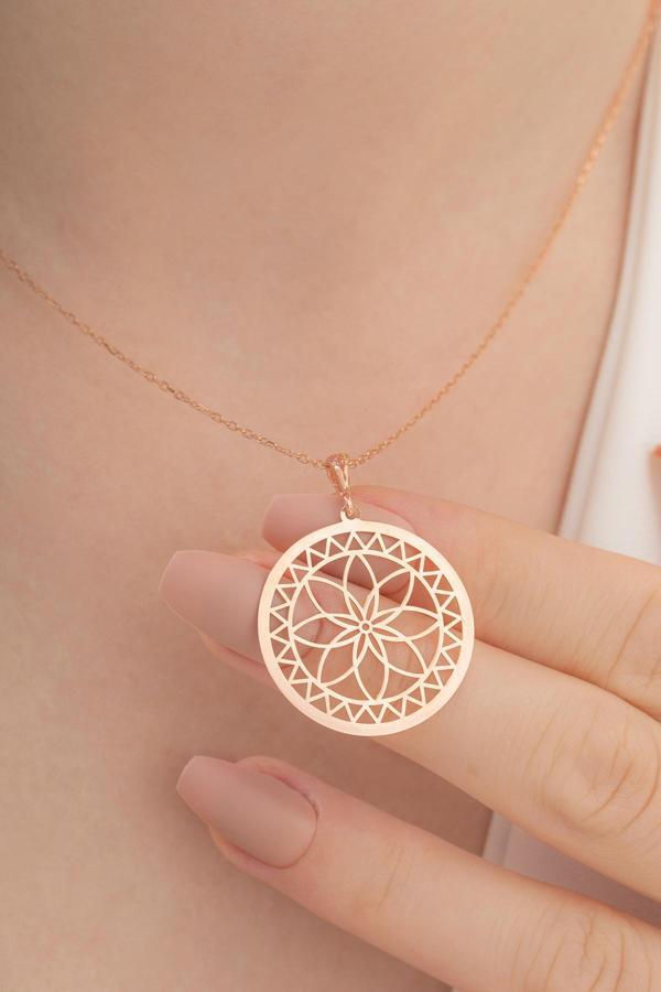 Osmanlı Gümüş Lotus Çiçeği Motifli Rose Renk Bayan Gümüş Kolye - Image 1