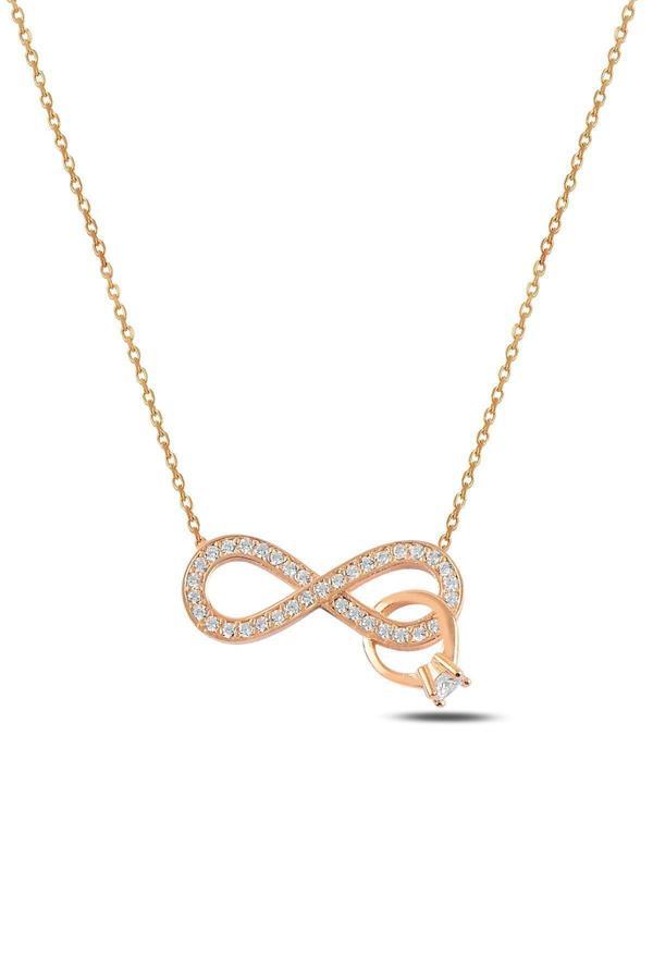 Osmanlı Gümüş Kadın Gümüş Kolye - Rose Altın Kaplama Tektaş Yüzük Figürlü Sonsuzluk Kolyesi - Image 1