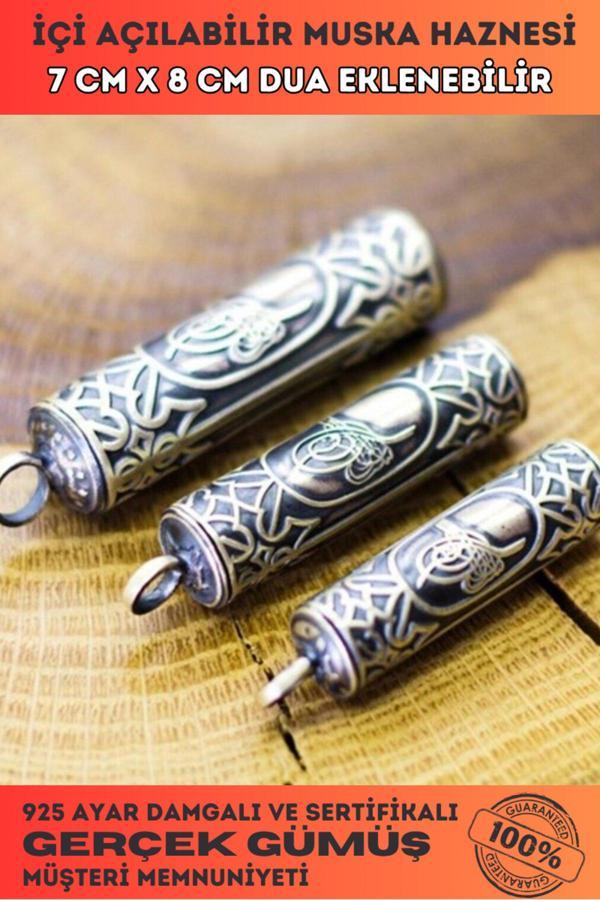 Osmanlı Gümüş Erkek Gümüş Kolye - Tuğralı Silindir Yuvarlak Gümüş Muska Haznesi Deri Kolye Hediyeli Orta - Image 1