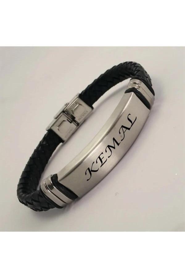 Osmanlı Gümüş Yazı Yazılabilir Çelik Erkek Bileklik Künye Deri Kordonlu - Image 1