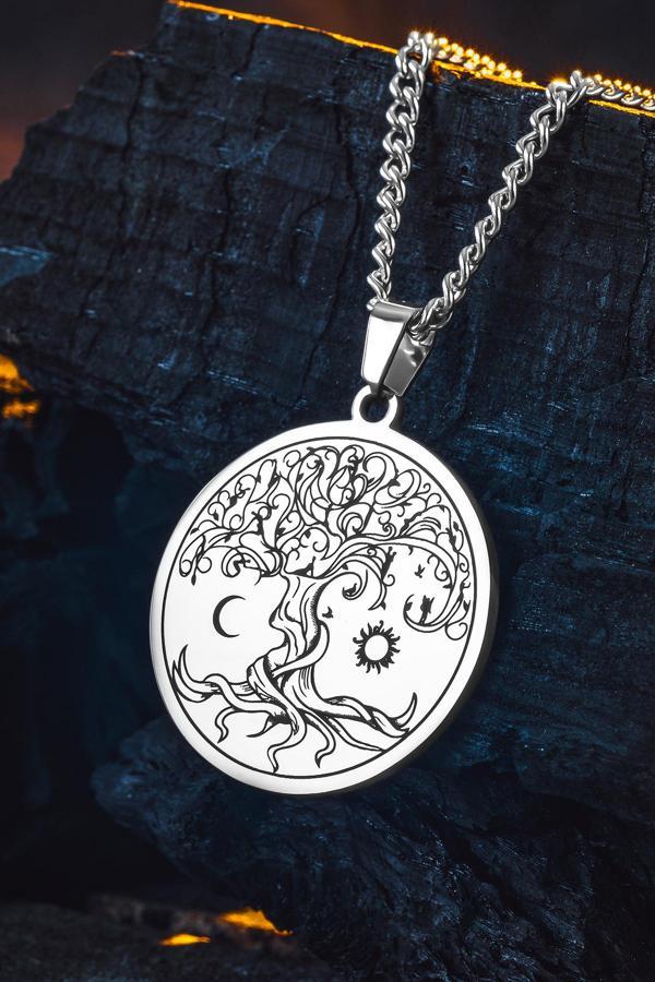 Osmanlı Gümüş Steel Vitae Gümüş Renk Çelik Hayat Ağacı Erkek Kolye Kararmaz Gurmet Zincir - Image 1