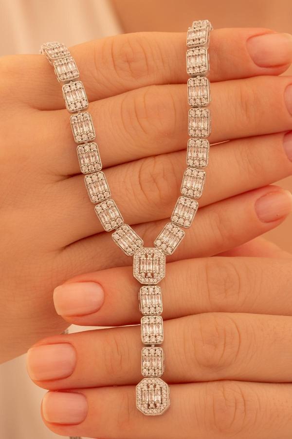 Osmanlı Gümüş Kadın Gümüş Kolye - Perihan Baget Taşlı Zirkon Süslemeli Kadın Kolye - Image 1