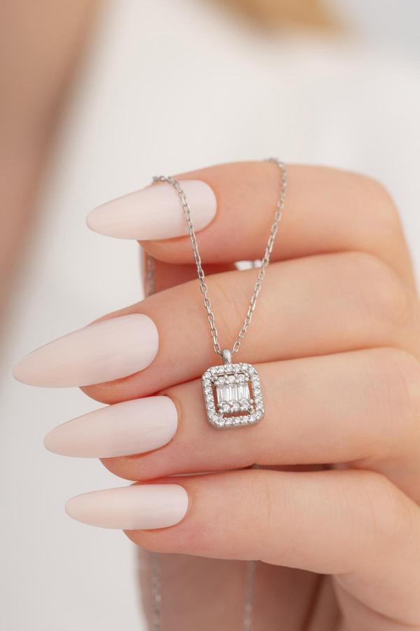 Osmanlı Gümüş Kare Baget Taşlı Model 3 Kadın Gümüş Kolye Zincir Gklkrbgtm3D-Ros - Image 1
