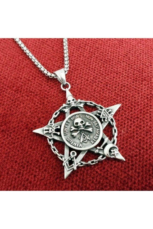 Osmanlı Gümüş Ottoman Pentegram Kurukafa Çelik Erkek Kolye Zincir - Image 1