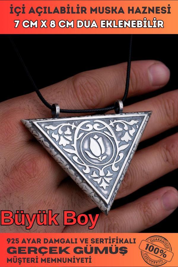 Osmanlı Gümüş Erkek Gümüş Kolye - En Büyük Boy Lale Motifli Gümüş Erkek Muska Kolye Cevşen Haznesi - Image 1