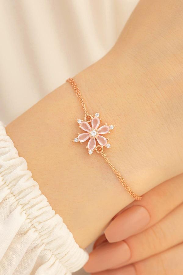 Osmanlı Gümüş Kadın Gümüş Bileklik - Pembe Taşlı Çiçek Model Rose Kadın Gümüş Bileklik - Image 1