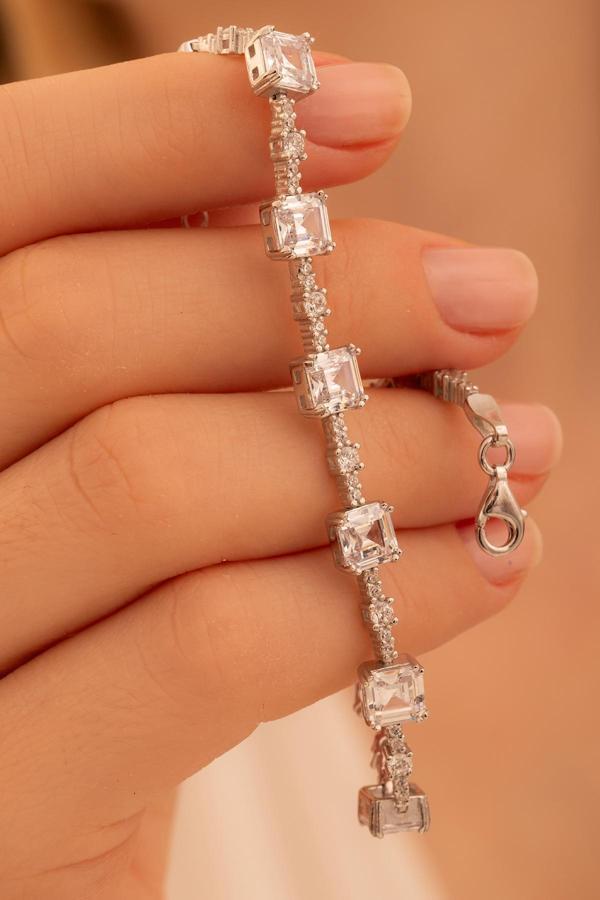 Osmanlı Gümüş Kadın Gümüş Bileklik - 9 Sıra Zirkon Taşlı Kare Model Kadın Bileklik - Image 1