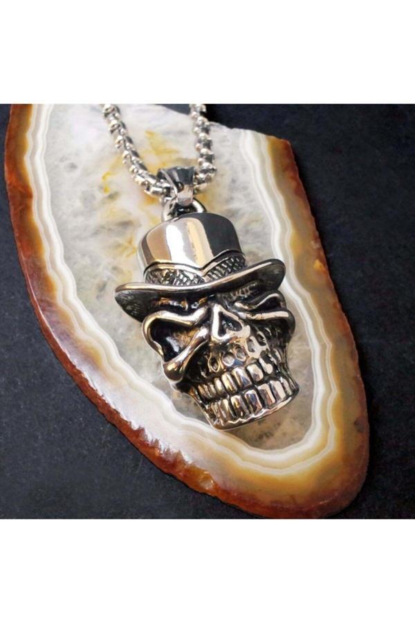 Osmanlı Gümüş Ottoman Şapkalı Kurukafa Erkek Çelik Kolye Zincir - Image 1