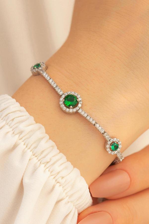 Osmanlı Gümüş Kadın Gümüş Bileklik - Selen Zümrüt Taşlı Su Yolu Gümüş Bileklik - Image 1