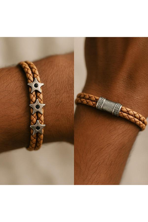 Osmanlı Gümüş Erkek Zebra Model Zirkon Taşlı Üçlü Ninja Yıldızı Shuriken Çift Hakiki Deri Bileklik - Image 1
