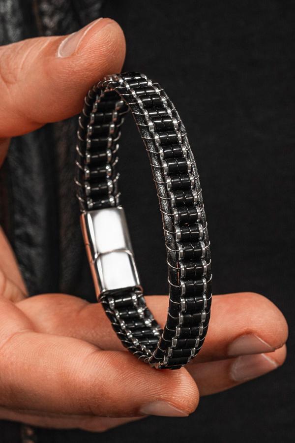 Osmanlı Gümüş Erkek Kadın Siyah Hematit Taşı Deri Kordon Doğal Taş Bileklik - Image 1