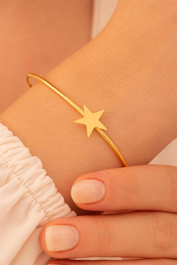 Osmanlı Gümüş Kadın Gümüş Bileklik - El Yapımı Altın Kaplama Gümüş Yıldız Motifli Kadın Bileklik - Image 1