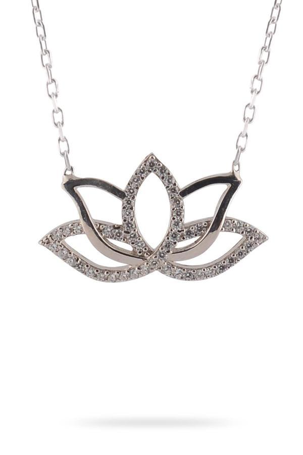 Osmanlı Gümüş Lotus Çiçeği Beyaz Zirkon Taşlı Bayan 925 Ayar Gümüş Kolye Gkllotuskly-Gms - Image 1