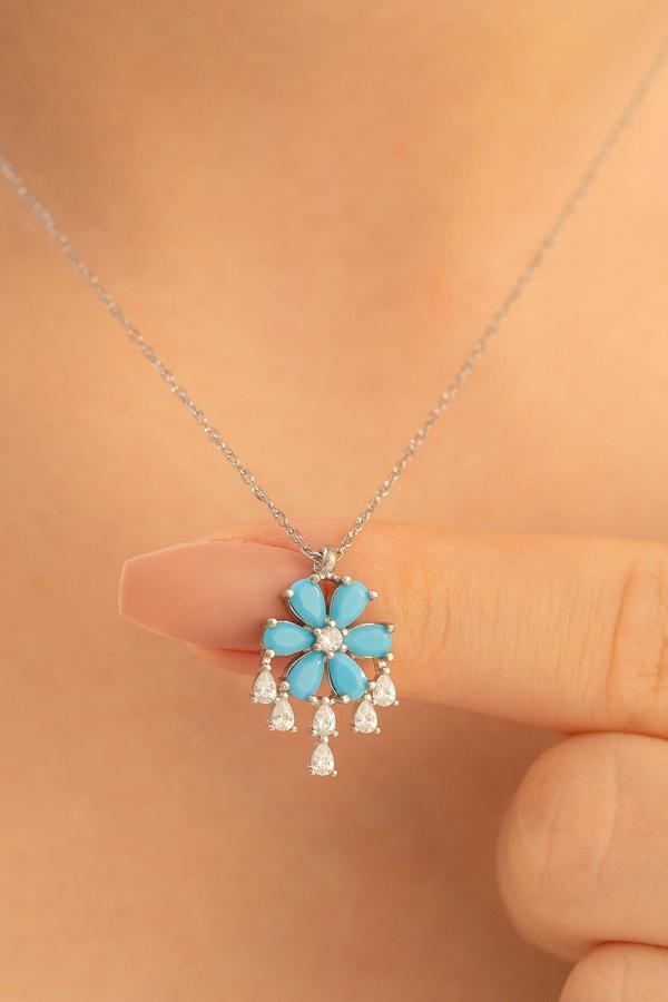 Osmanlı Gümüş Kadın Gümüş Kolye - Zirkon Taşlı Ve Turkuaz Taşlı Çiçek Motifli Gümüş Kolye - Image 1
