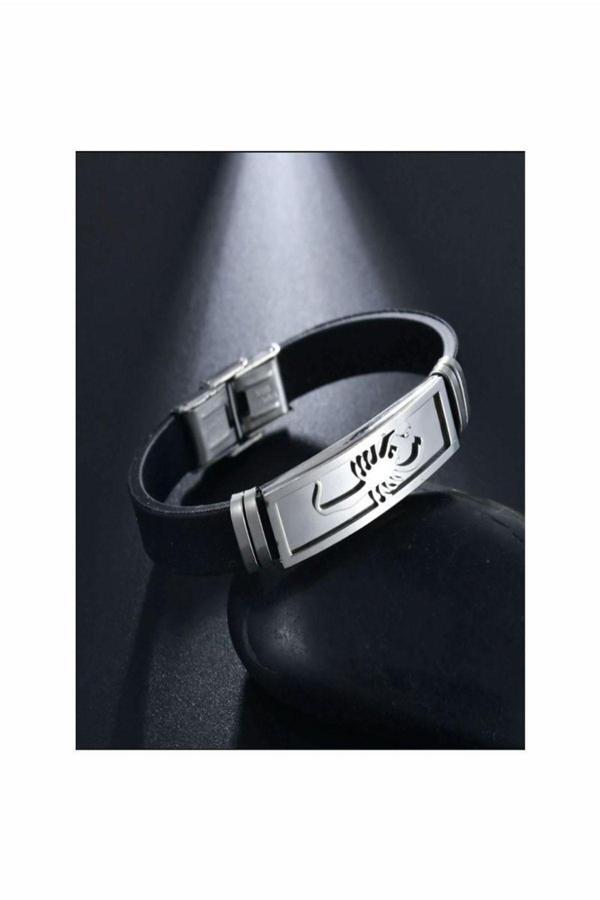 Osmanlı Gümüş Akrep Figürlü Deri Kauçuk Çelik Erkek Bileklik - Image 1