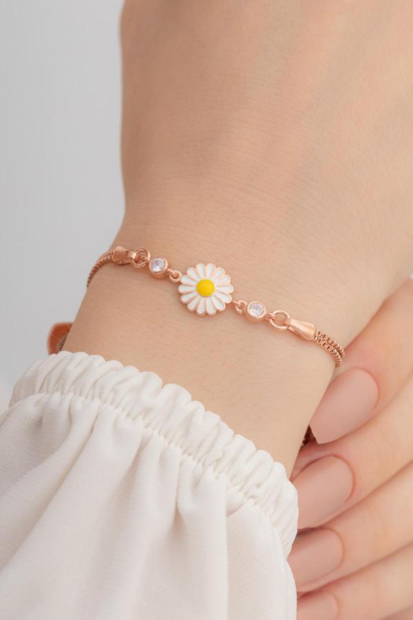 Osmanlı Gümüş Papatya Kadın Gümüş Bileklik Zirkon Taşlı Rose - Image 1