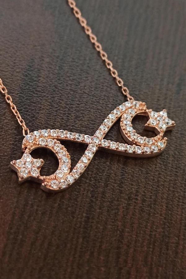Osmanlı Gümüş Kadın Gümüş Kolye - Rose Altın Kaplama Ayyıldız Temalı Sonsuzluk Gümüş Kolye - Image 1