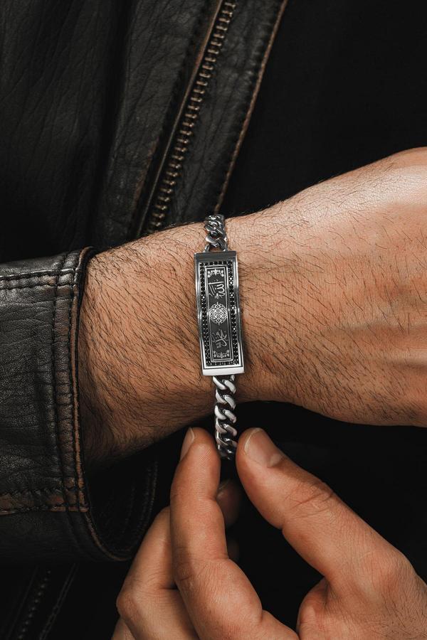 Osmanlı Gümüş Erkek Gümüş Bileklik - Allah Ve Muhammed İşlemeli Gurmet Model 925 Ayar Erkek Bileklik - Image 1
