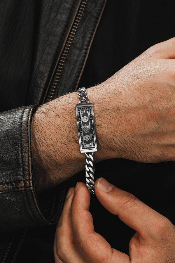 Osmanlı Gümüş Erkek Gümüş Bileklik - Çift Selçuklu Kartalı Işlemeli Gurmet Model 925 Ayar Erkek Bileklik - Image 1