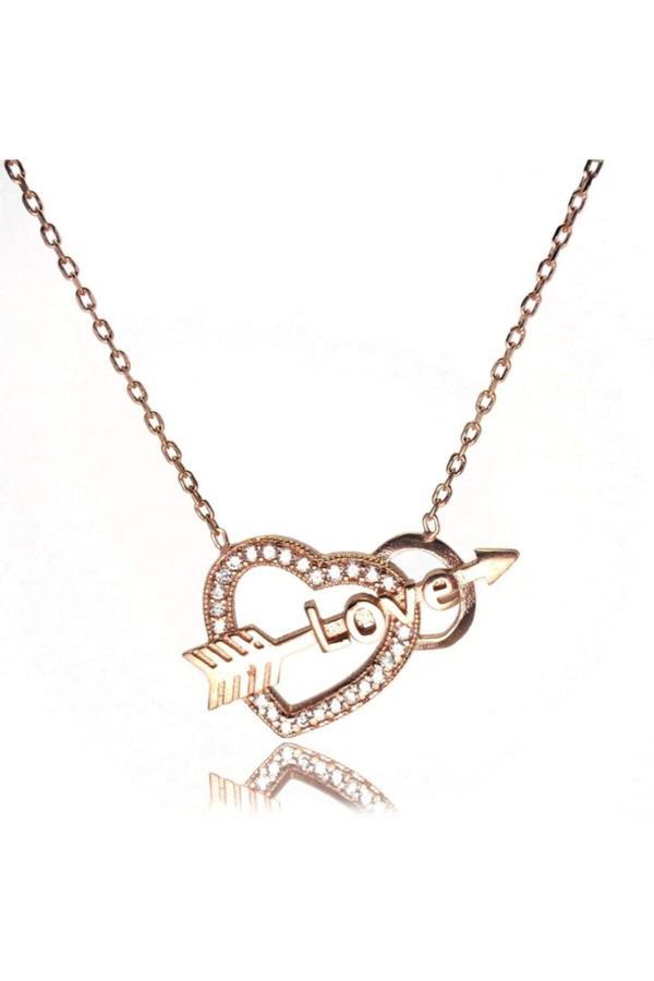 Osmanlı Gümüş Kalpli Oklu Love Bayan Gümüş Kolye Rose Model - Image 1