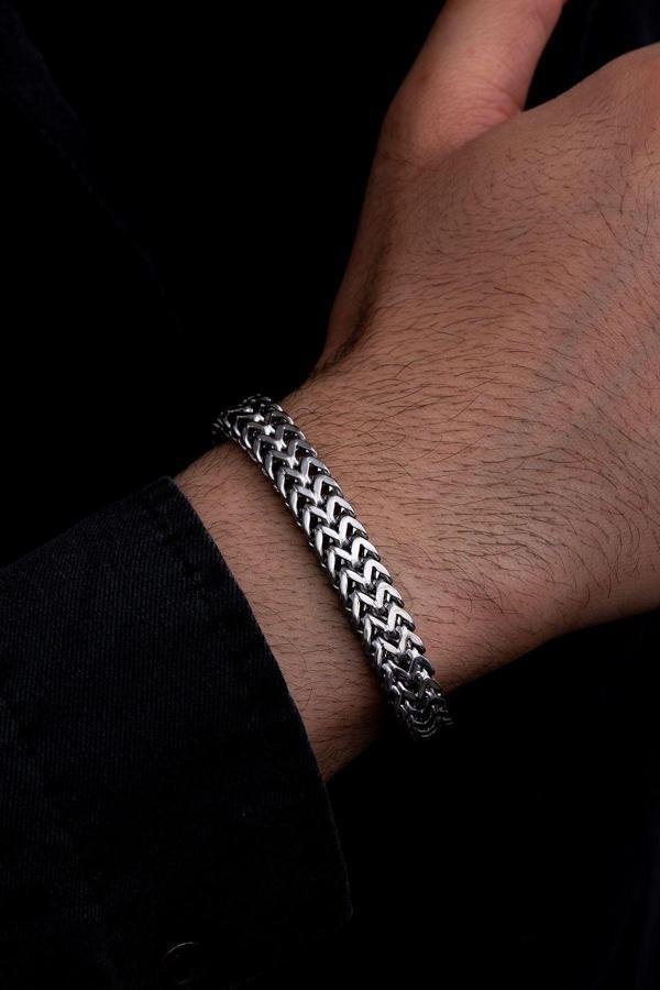 Osmanlı Gümüş Erkek Çelik Bileklik - Çift Sıra Örgü Model Kalın Çelik Bileklik - Image 1