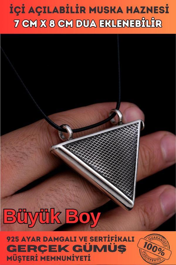 Osmanlı Gümüş Büyük Boy Baklava Desenli Gümüş Muska Haznesi Deri Kolye Hediyeli - Image 1