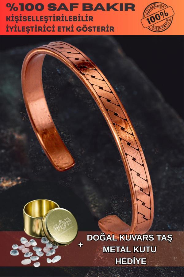 Osmanlı Gümüş Zincir Desenli Dövme Bakır Bileklik Erkek Kadın – Kuvars Taş Ve Metal Kutu Hediyeli" - Image 1
