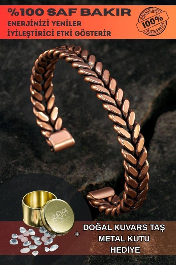 Osmanlı Gümüş Copper Vena Model Bakır Kelepçe Bilezik Erkek Kadın Kuvars Taşı Ve Metal Kutulu - Image 1