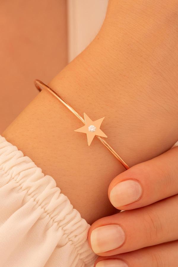 Osmanlı Gümüş Kadın Gümüş Bileklik - El Yapımı Rose Kaplama Gümüş Zirkon Taşlı Yıldız Motifli Kadın Bileklik - Image 1