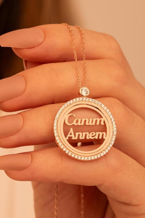 Osmanlı Gümüş Canım Annem Yazılı Rose Renk Bayan Gümüş Kolye - Image 1