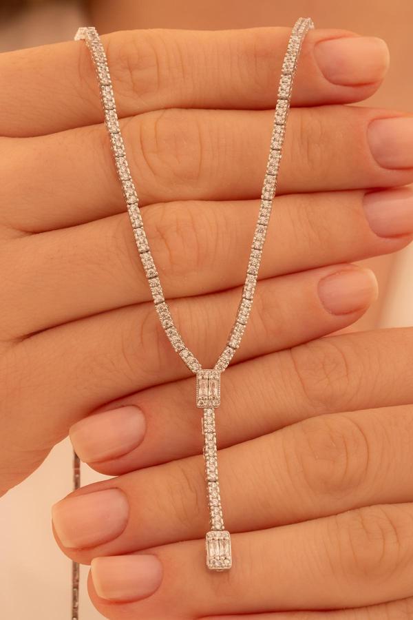 Osmanlı Gümüş Kadın Gümüş Kolye - Süreyya Baget Taşlı Kare Model Kadın Kolye - Image 1