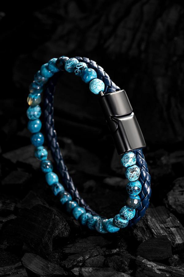 Osmanlı Gümüş Erkek Doğal Taş Bileklik - Damarlı Mavi Akik Taşı Boncuk Ve Örme Deri Erkek Bileklik - Image 1