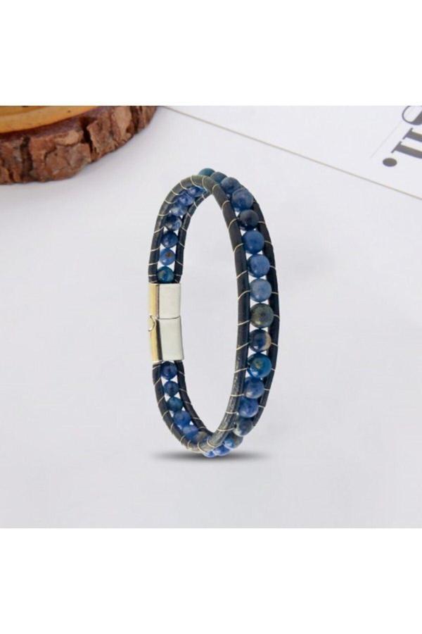Osmanlı Gümüş Erkek Doğaltaş Bileklik - 6Mm Doğal Lapis Taşı Deri Kordon Ve Çelik Bileklik - Image 1