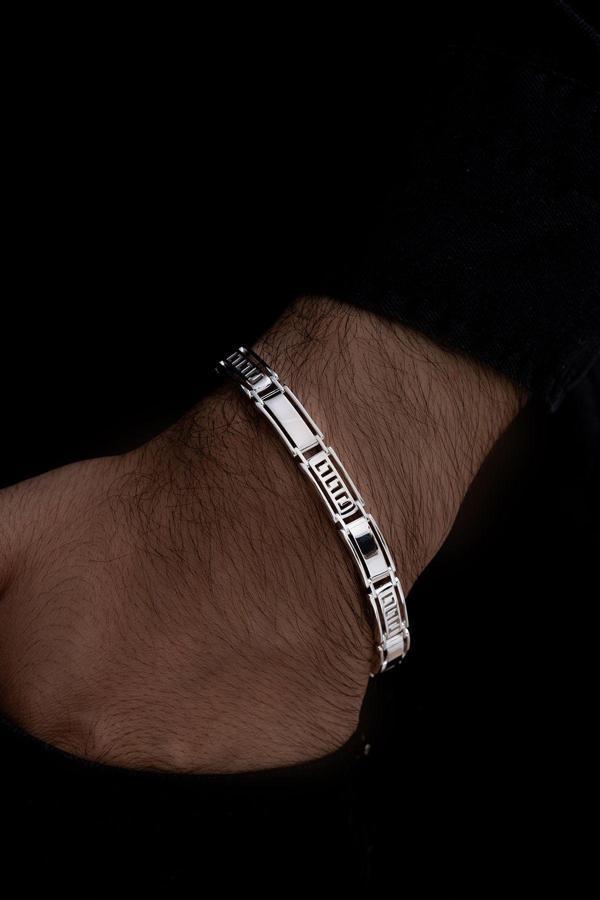 Osmanlı Gümüş Erkek Bileklik I - Beyaz Grek Desenli Gümüş Erkek Bileklik Künye - Image 1