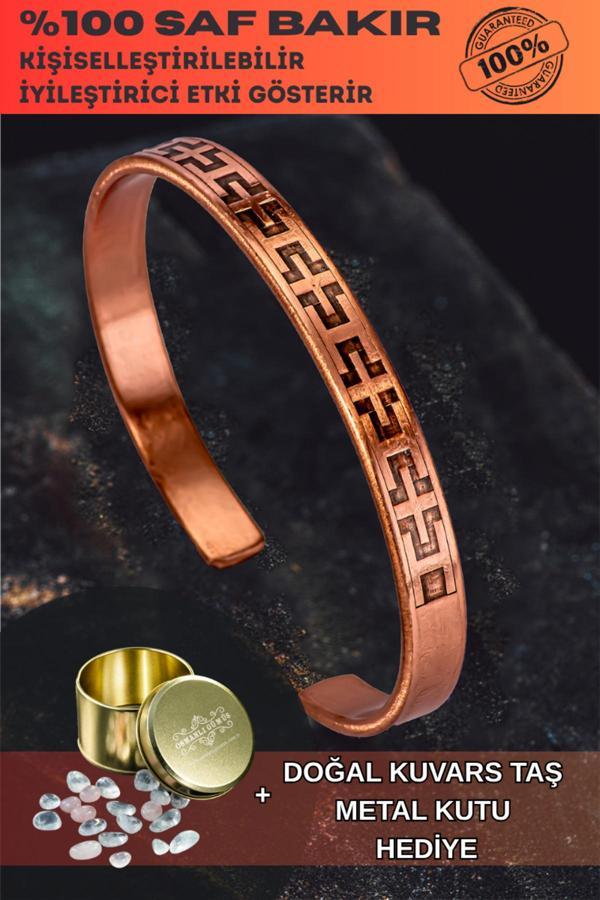 Osmanlı Gümüş Selçuklu Tarzı Bakır Bileklik – Geometrik Desen, Kuvars Taşı Ve Metal Kutu - Image 1