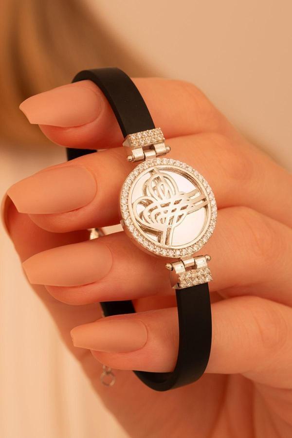 Osmanlı Gümüş Kadın Gümüş Bileklik - Zirkon Taşlı Osmanlı Tuğralı  Gümüş Bileklik - Image 1