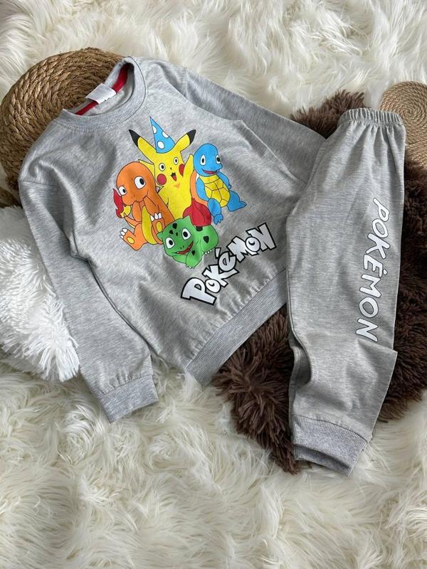 Pokemon Karakter Baskılı Çocuk Pijama Takımı - Açık Gri - Image 1