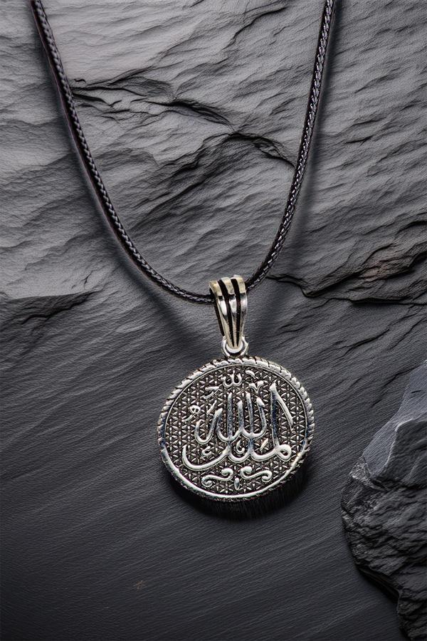 Osmanlı Gümüş Erkek Gümüş Kolye Ucu - Mülki Allah Yazılı Oksitli Model Deri Kolyeli 925 Ayar Gümüş - Image 1