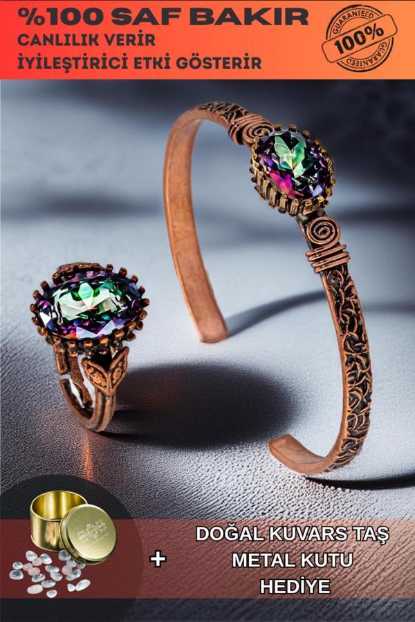 Osmanlı Gümüş Kadın Bakır Bileklik Yüzük Set - Mistik Topaz Taş Mekik Ağaç Kabuğu Model İnce Metal Kutu Kuvars Taş - Image 1