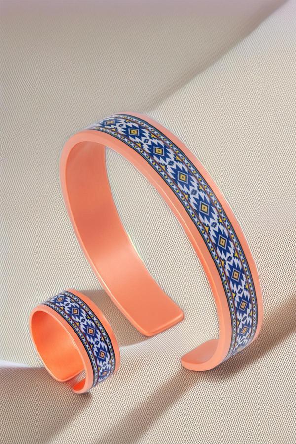 Osmanlı Gümüş Kadın Bakır Bileklik Yüzük Set - Sabina Model Özel Baskı Metal Kutu Ve Kuvars Taşı - Image 1