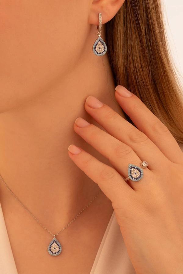 Osmanlı Gümüş Kadın Gümüş Set - Damla Model Nazar Boncuğu Motifli Kadın Set - Image 1