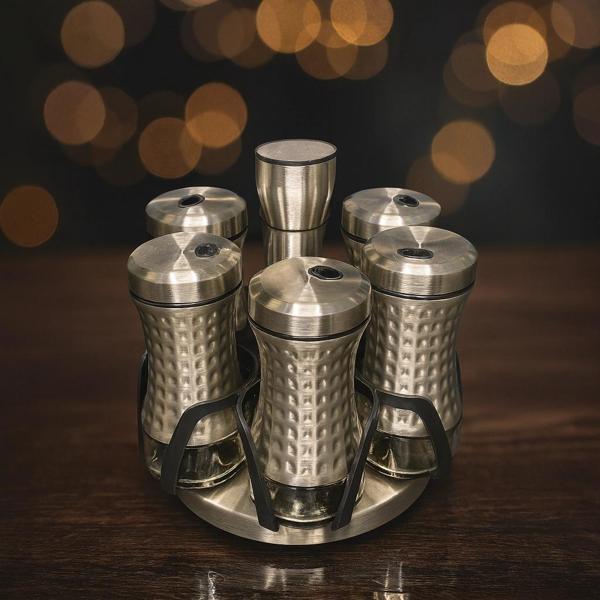 ÇELİK 6 LI BAHARAT SETİ DÖNER RAYLI ALTI CAM 18X18 CM - Image 1