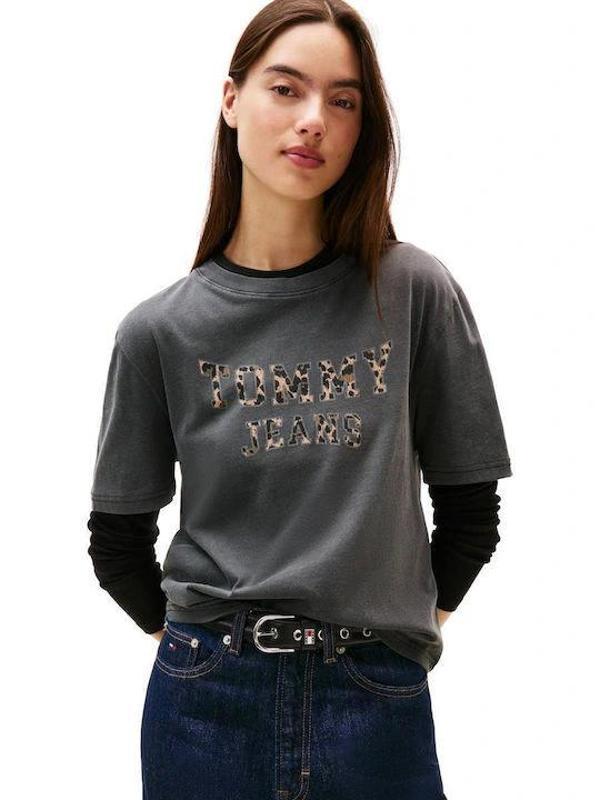 Tommy Hilfiger TJW Kutu Kesim Leopar Desenli Kolej Stili Kadın Siyah T-shirt DW0DW21957BDS - Image 1
