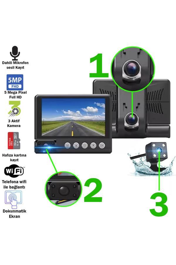 Venas Full HD 1080p 60 Hz Dokunmatik Ekranlı 3 Kameralı Sesli Kayıtlı Wifi Araç ve Tampon Kamerası - Image 1