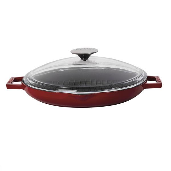 Yuvarlak Izgara Tavası Cam Kapaklı Döküm Demir Yekpare Çift Kulplu Çap(Ø)26cm. - Image 1