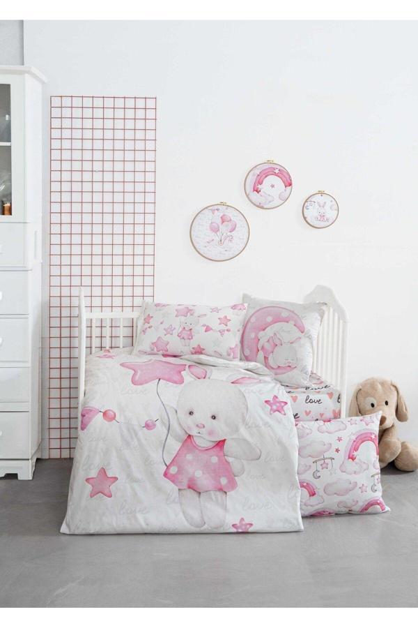 Montisu Mibabies; Pink Sleep, Renkli Bebek Odası Seti: Nevresim Takımı, Kırlent, Duvar Süsü, %100 Pamuk - Image 1