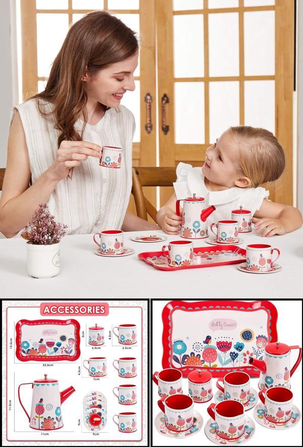 Çiçek Desenli Metal Çay Seti 12 Parça – Çocuklar İçin Renkli Oyun Çay Servis Takımı - Kırmızı - Image 1